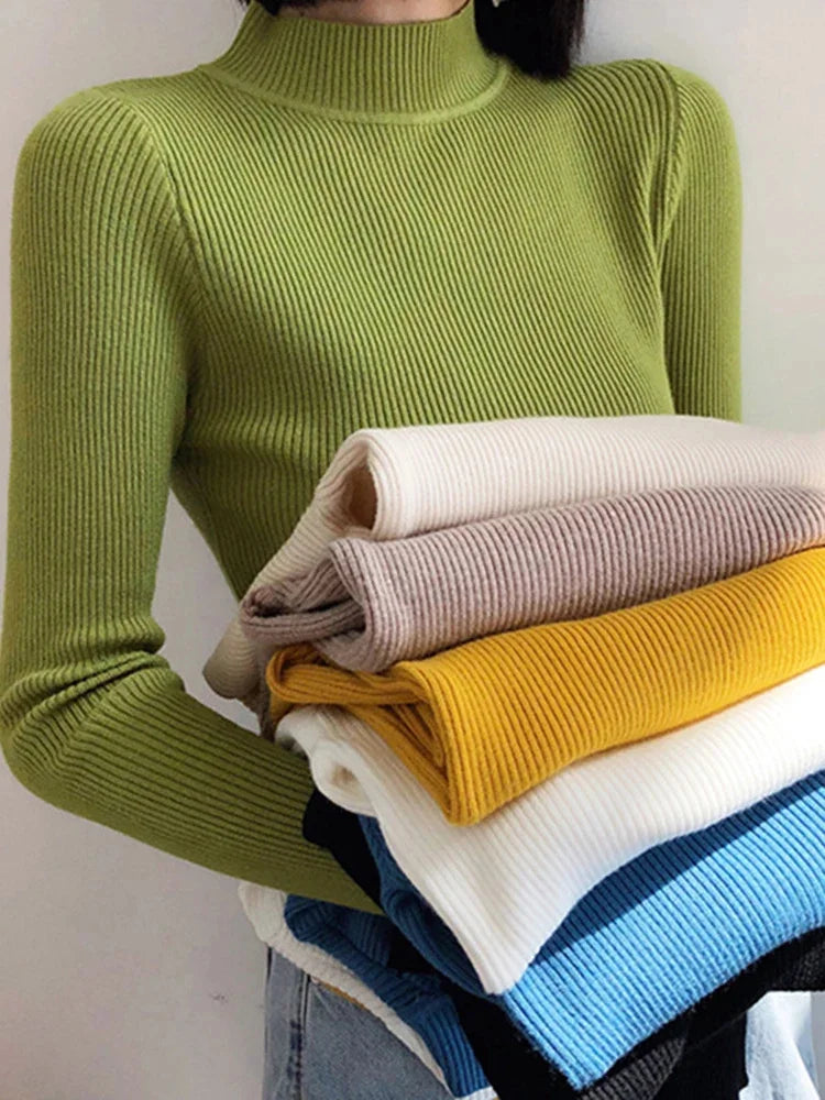 Women’s Autumn Winter Mock Neck Slim Knit Sweater
