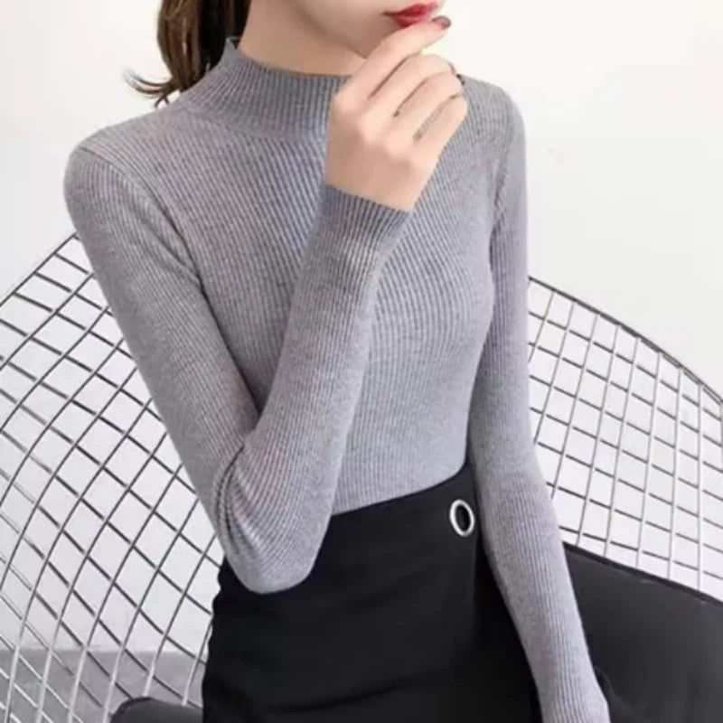 Women’s Autumn Winter Mock Neck Slim Knit Sweater