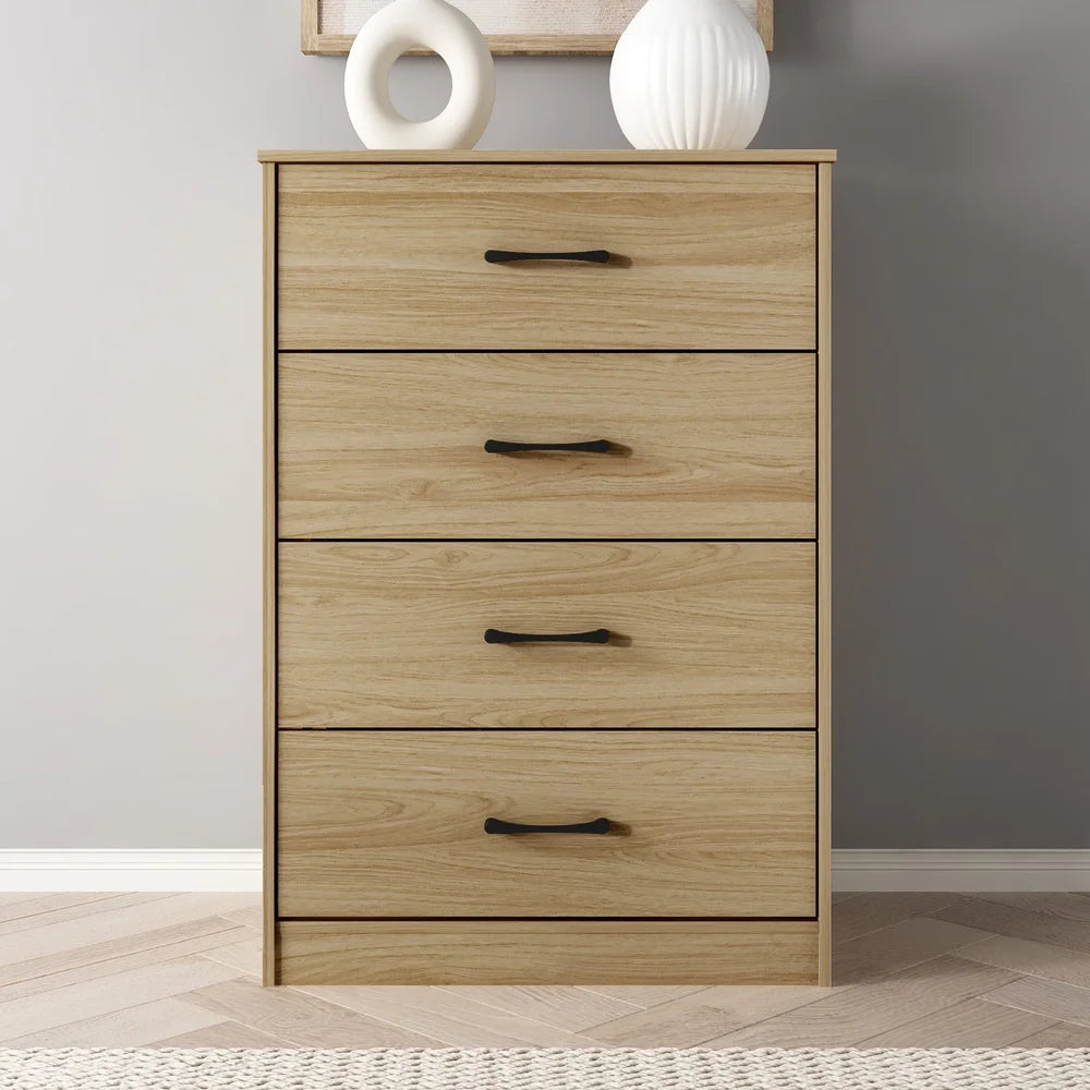 4-Drawer Tall Dresser – Euro Oak Finish with Metal Glide System