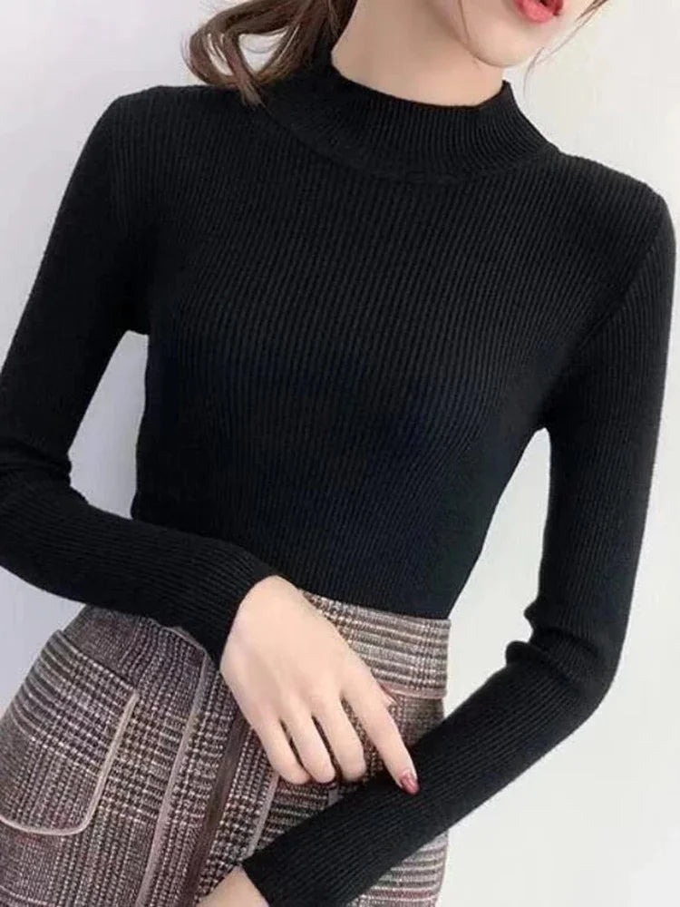 Women’s Autumn Winter Mock Neck Slim Knit Sweater